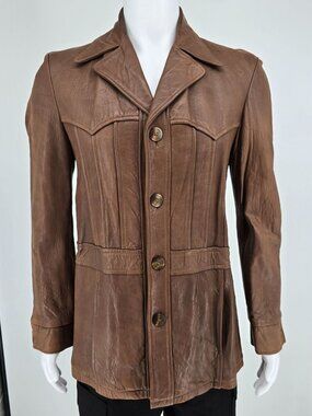 Vintage 1970s Jo-o-Kay Plaid Lining Brown Leather Western Panel Jacket (S)